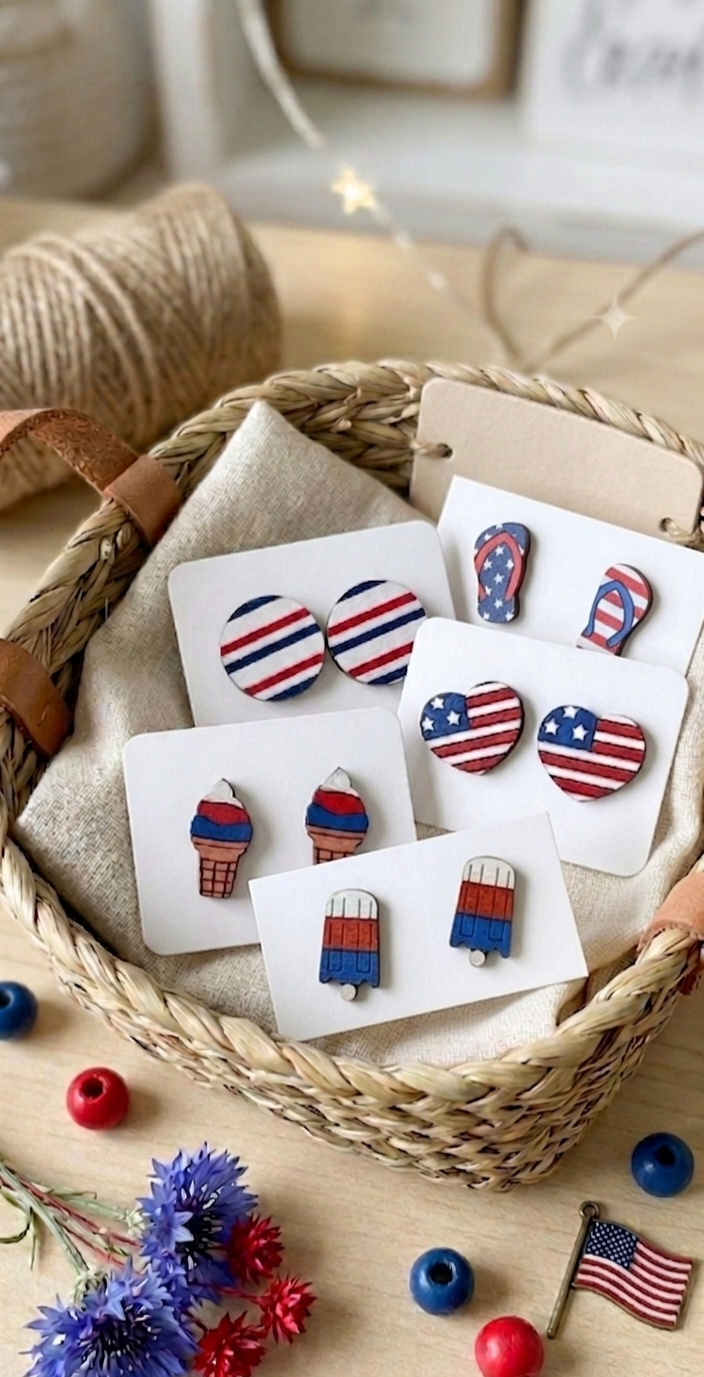 Patriotic Wooden Stud Earrings